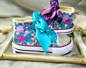 Toddler/Girls Little Mermaid Pearl Bling Custom High Top Sneakers | Mermaid Birthday Theme | Summer Sneakers | Under the Sea | Rhinestones