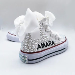 Toddler Girls & Kids Personalized Pearl Bling High Top Sneakers | Customize Name in Rhinestones | Great for Communions, Parties, Birthdays