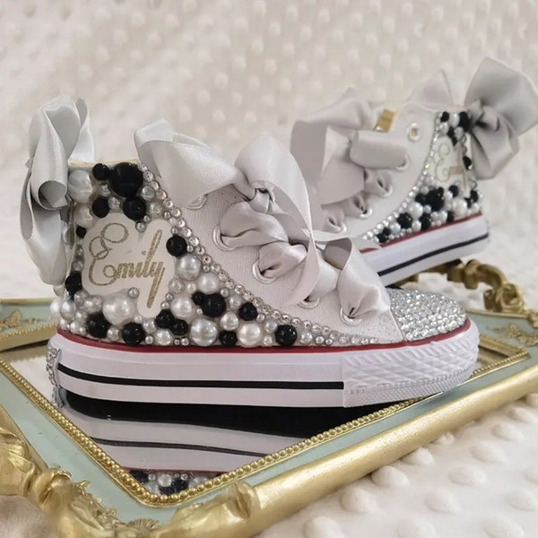 Toddler Girls & Kids Personalized Pearl Bling High Top Sneakers | Customized Name| Black and White | Great for Communions, Parties, Birthday