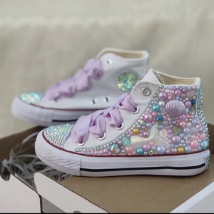 Toddler/Girls Little Mermaid Pearl Bling Custom High Top Sneakers | Mermaid Birthday Theme | Summer Sneakers | Under the Sea | Rhinestones