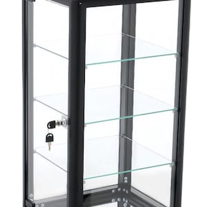 Lockable Tempered Glass Countertop Display Case: Black Aluminum Frame, 4-Shelf