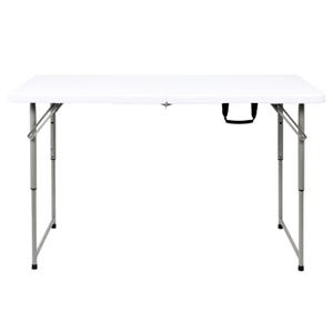 May include: White folding table with a black handle. The table has a white plastic top and silver metal legs.