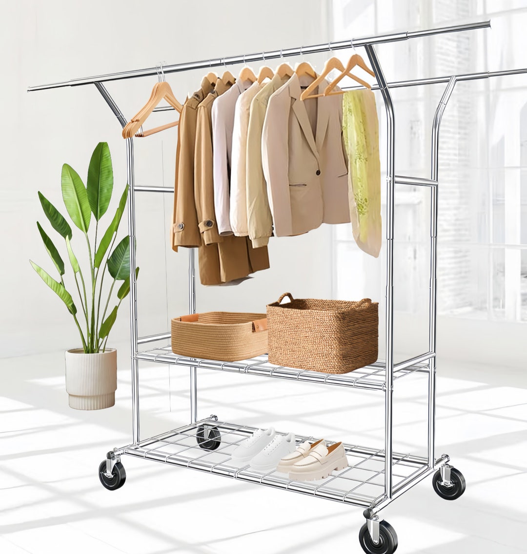 Chrome Heavy Duty Clothing Rack With Wheels: Adjustable Portable