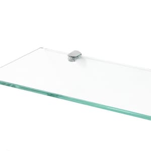 May include: A clear glass shelf with rounded edges and two silver metal brackets.