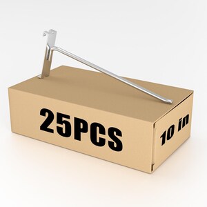 May include: A cardboard box with the text "25PCS" and "10 in" printed on it. A metal hook is placed on top of the box. The box is a light brown color.