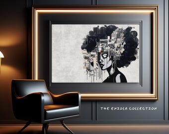 Mixed Media Wall Art Print of Black Woman - &quot;Sorrow of Her&quot; - Gift of Resilience and Self-Care  - Abstract Canvas Wall Décor