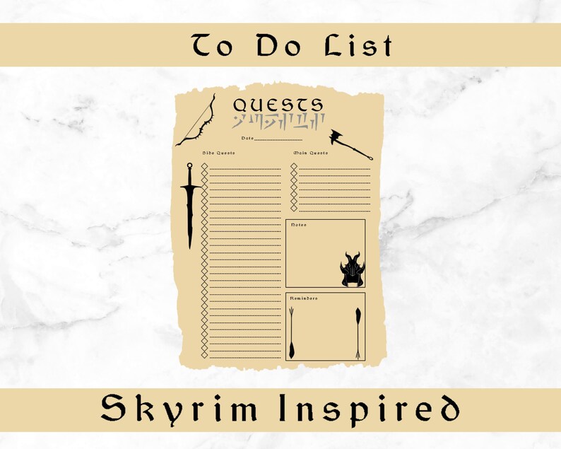 Printable to Do List | Skyrim Inspired | Daily To-do Png Checklist | A4 ...