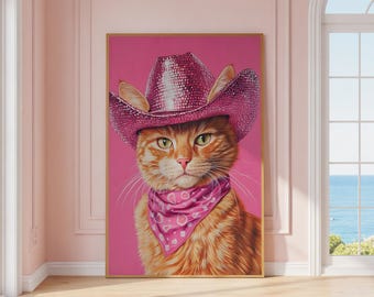 Pink Cowgirl Cat Art Print, Western Decor (Digital Download)