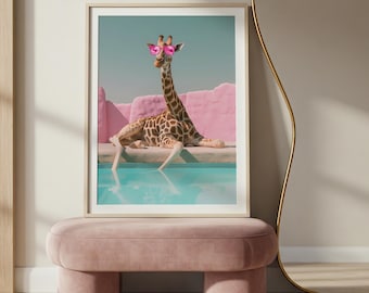 Pink Sunglasses Giraffe Art Print, Modern Animal Wall Decor (Digital Download)