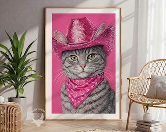 Pink Cowboy Cat Art Print, Western Disco Decor (Digital Download)