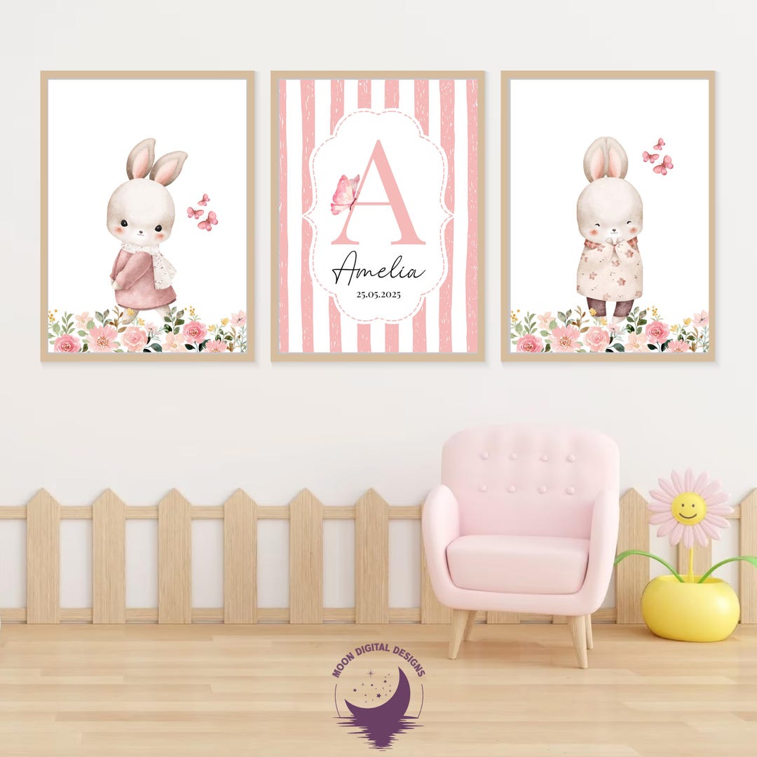 Personalized Bunny Nursery Art Set, Floral Baby Girl Decor (digital ...