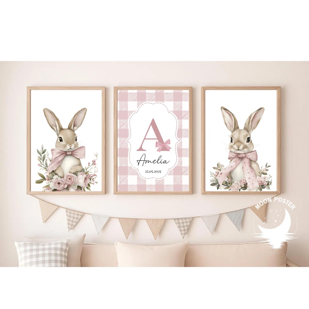 Personalized Bunny Nursery Wall Art, Pink Bunny Prints, Baby Girl ...