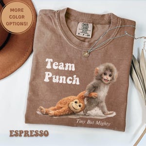 May include: Espresso-colored t-shirt with the text "Team Punch" and a graphic of two monkeys. One monkey is lying down, and the other is standing. The text "Tiny But Mighty" is below the graphic. The shirt has a Comfort Colors tag.