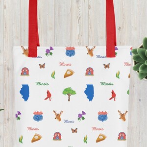 Bolsa de mano de Illinois con iconos del estado / Patrón ilustrado con mariposa, maíz y cardenal norteño