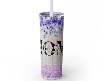 I Love You Mom, Hearts, Purple Hearts, Skinny Tumbler with Straw, 20oz