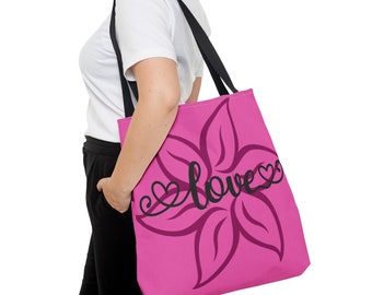 Magenta Pink Flower Love Stylish Heart Tote Bag (AOP)