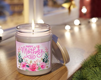 Happy Mothers Day, Gift for Mom, Pink Flowers, Wreath, Scented Candles, 9oz
