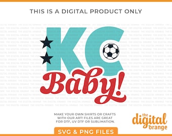 May include: A digital design featuring the letters "KC" in turquoise blue with two black stars and a red and white soccer ball. The text "Baby!" is in red and white. The design is perfect for creating custom shirts, crafts, or other projects.