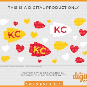 May include: Digital download of a design for a 20 ounce beer can wrap featuring a red and yellow arrow with the letters "KC" in white. The design also includes red and white hearts and yellow arrows.