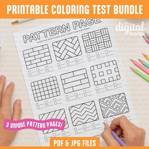 May include: Printable coloring test bundle with three unique pattern pages. The pages feature brick, chevron, and grid patterns. The pages are designed for practicing coloring skills and have space for answers.