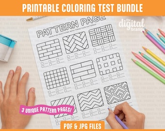 Puede incluir: Paquete de pruebas de colorear imprimibles con tres páginas de patrones únicos. Las páginas presentan patrones de ladrillo, chevron y cuadrícula. Las páginas están diseñadas para practicar habilidades de colorear y tienen espacio para respuestas.