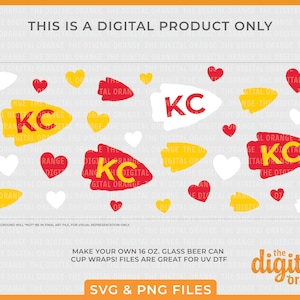 May include: Digital download of SVG and PNG files for 16 oz. beer can cup wraps. The design features a red and yellow arrowhead with the letters "KC" in white. There are also red and yellow hearts and white hearts scattered around the design. The text "This is a digital product only" is at the top of the image. The text "Make your own 16 oz. glass beer can cup wraps! Files are great for UV DTF" is in the middle of the image. The text "SVG & PNG files" is at the bottom of the image. The text "the digital orange" is in the bottom right corner of the image.