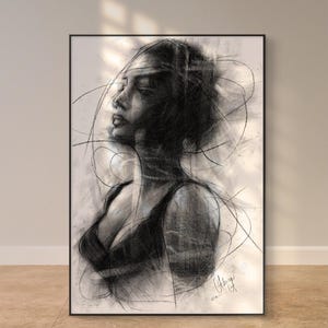 Woman, lady, passion, love, emotion, sensual, unique, portrait, charcoal, drawing art, digital print, home deco,handmade, trendy,wall art