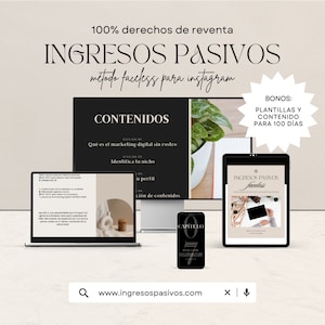 Puede incluir: Un curso de marketing digital titulado "Ingresos Pasivos: método faceless para Instagram" con un fondo blanco y una planta verde en una maceta blanca. El curso incluye un plan de contenido de 100 días y plantillas. El texto "www.ingresospasivos.com" se muestra en la parte inferior de la imagen.