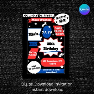 Cowboy Carter, fiesta temática de Beyoncé, plantilla de invitación para despedida de soltera, despedida de soltera temática de Beyoncé, invitación para fiesta Cowboy Carter