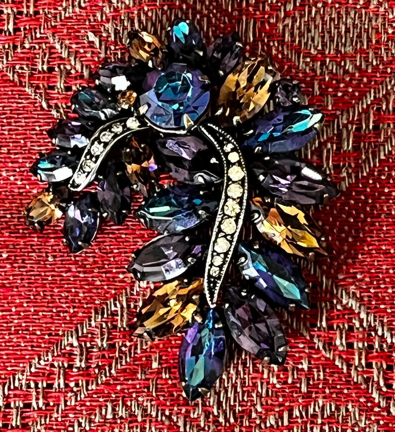 Stunning Signed Weiss Brooch Amber, Turquoise, Purple Marquise and Round Cut Rhinestones with Threads of Silver White Round Rhinestones image 2