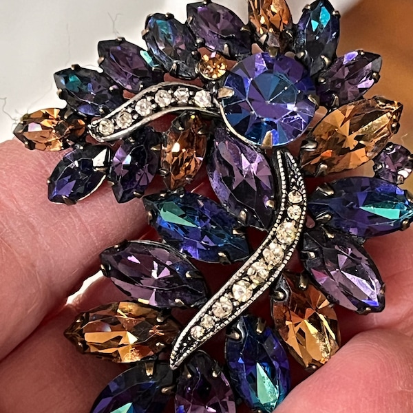 Stunning Signed Weiss Brooch - Amber, Turquoise, Purple Marquise and Round Cut Rhinestones with Threads of Silver White Round Rhinestones