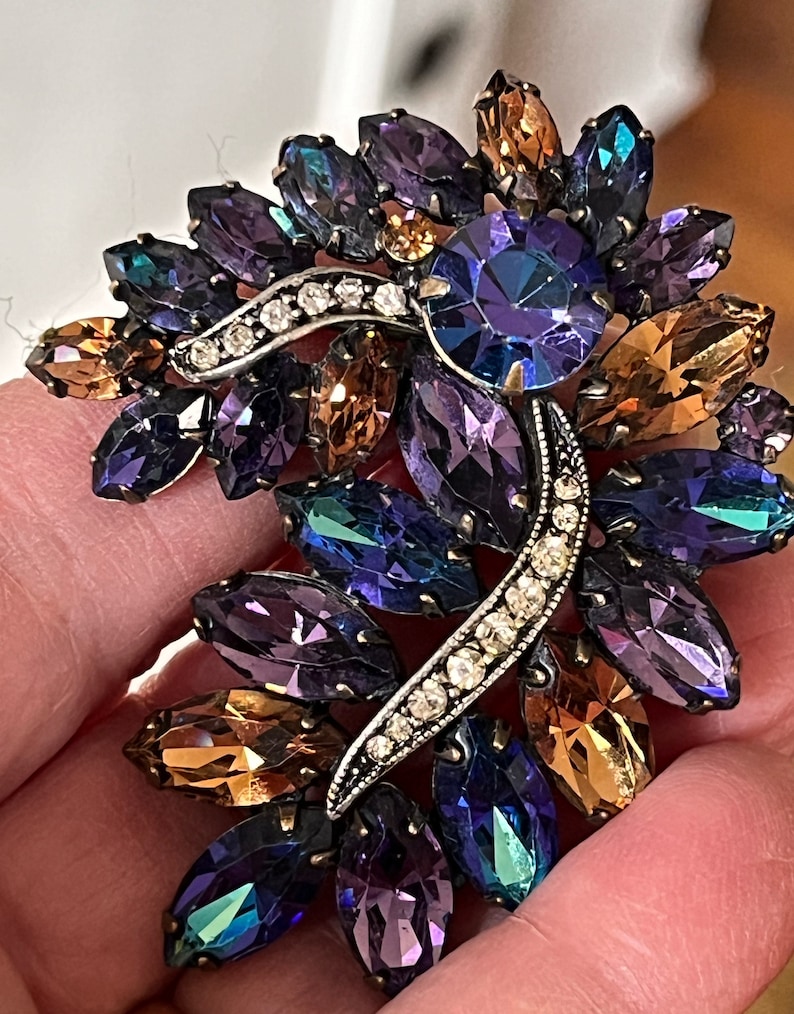 Stunning Signed Weiss Brooch Amber, Turquoise, Purple Marquise and Round Cut Rhinestones with Threads of Silver White Round Rhinestones image 1