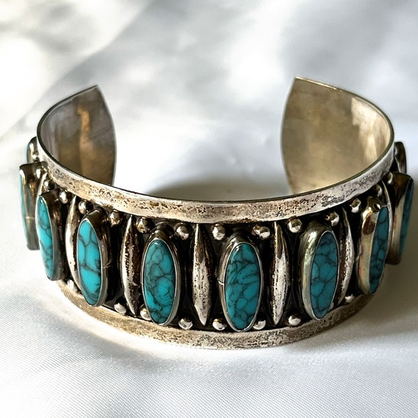 Vintage PLATA 925 Guadalajara Mexico Cuff Bracelet with Turquoise - Signed JFG
