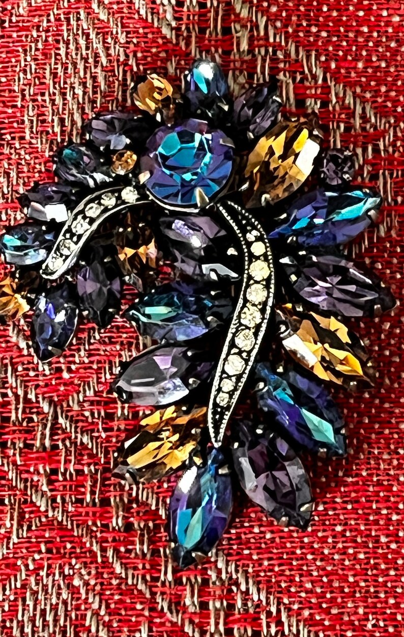 Stunning Signed Weiss Brooch Amber, Turquoise, Purple Marquise and Round Cut Rhinestones with Threads of Silver White Round Rhinestones image 3