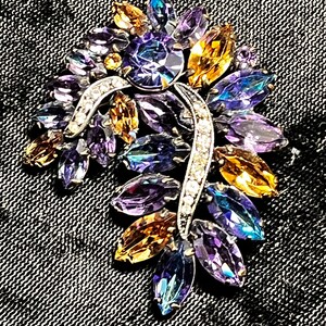 Stunning Signed Weiss Brooch Amber, Turquoise, Purple Marquise and Round Cut Rhinestones with Threads of Silver White Round Rhinestones image 7