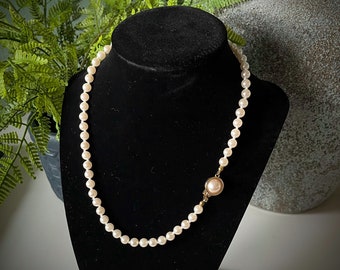 17" Knotted Faux Pearl Necklace 6mm Beads - Creamy Off White with Round Box Clasp