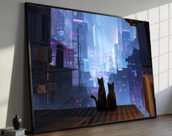 Cyberpunk City Cats Canvas Print, Futuristic Neon Skyline Wall Art, Anime Style,