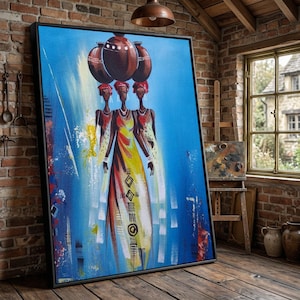 Afrikanische Stammes- Frauen Leinwand Kunst, lebhafte blaue ethnische Malerei, traditionelles Topf Tragen