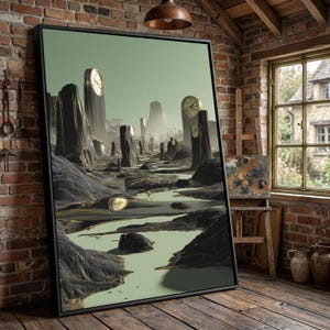 May include: A framed art print featuring a surreal landscape with clock-shaped structures. The artwork has a muted color palette of gray, black, and gold, with a light green sky and water. The print is displayed in a rustic room with exposed brick and wooden floors.