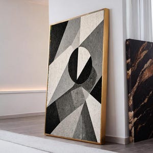 Dynamisk geometrisk abstrakt konst | Texturerad svartvit duk med korsande former | Monokrom vinklar