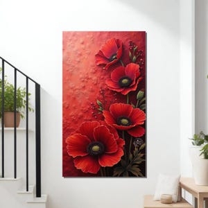 Impresión en lienzo de amapola roja: arte mural floral en relieve, decoración moderna para el hogar