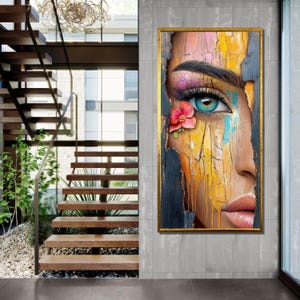 Abstract Woman Portrait Art Print: Modern Textured Face with Flower