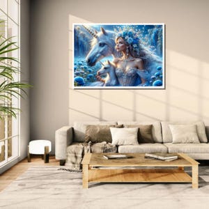 The Queen and the Unicorns&quot; - Fantasy Art Print on Canvas / Magical Unicorn Wall Decor / Ethereal Queen Painting / Blue and Silver