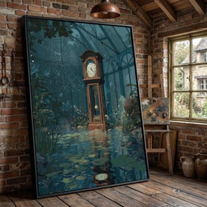 Op de afbeelding: Ingelijste kunstwerk met een vintage staande klok in een overstroomde kas. De klok is bruin met een witte wijzerplaat. De scène omvat waterlelies, weelderig groen en een spinnenweb. Het kunstwerk wordt tentoongesteld in een rustieke kamer met bakstenen muren.