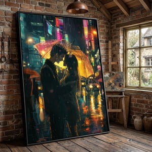 Romantic Couple Under Umbrella Canvas, Rainy Cityscape Wall Art, Urban Love Scene, Light Reflection