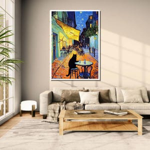Van Gogh Cat Art Print Cat at the Café Terrace Funny Animal Wall Art Digital Download | Post-Impressionism Cat Painting | Whimsical Pet Art&quot;