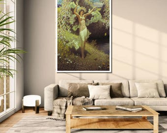 May include: A framed print of a classical painting depicting a nude figure in a flowing white garment, arms outstretched. The figure stands in a lush, green landscape with a stream, surrounded by flowering trees and foliage. The artwork is displayed in a living room.