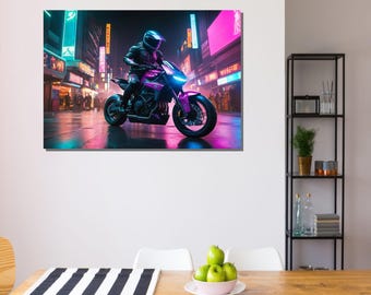 Lienzo impreso de motocicleta cyberpunk / Ciudad neón, arte futurista japonés