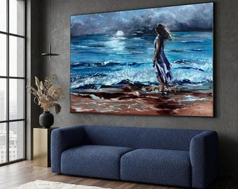 Palette Knife Ocean Wave Canvas Art - Moody Seascape Oil Painting Style Print - Impressionist Beach Horizon Wall Decor