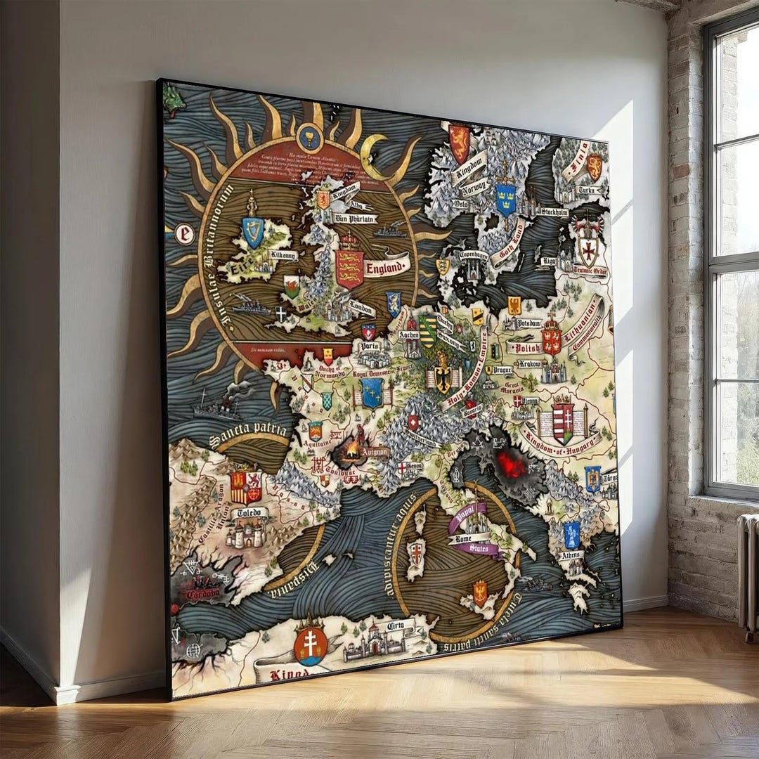Vintage Fantasy Map of Europe Canvas | Medieval Style Heraldic Wall Art ...